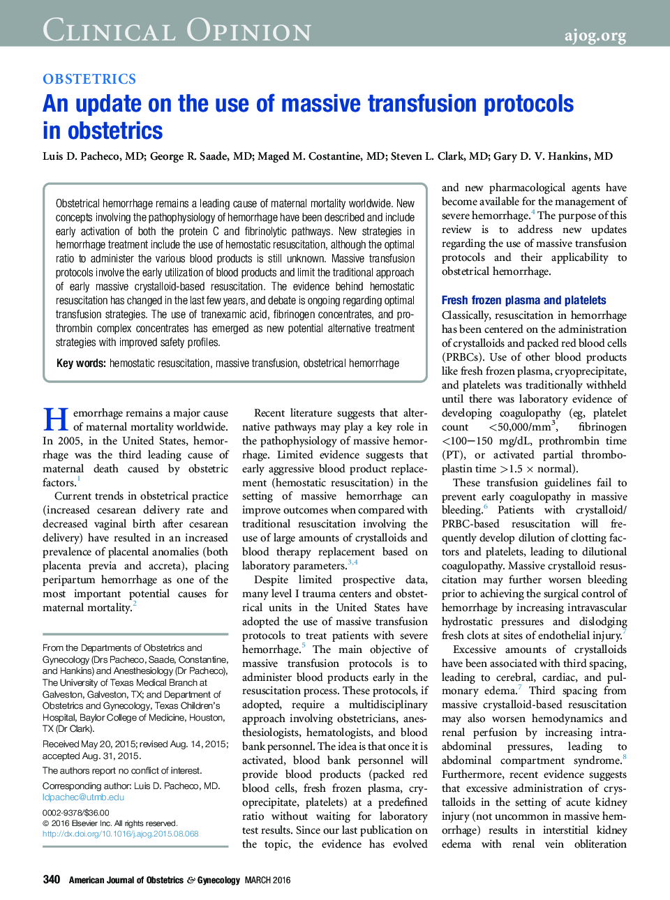 An update on the use of massive transfusion protocols inÂ obstetrics