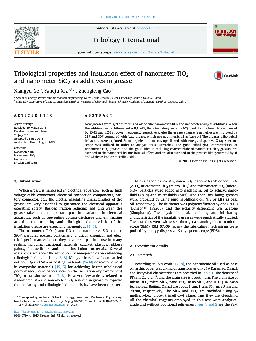 Tribological properties and insulation effect of nanometer TiO2 and nanometer SiO2 as additives in grease