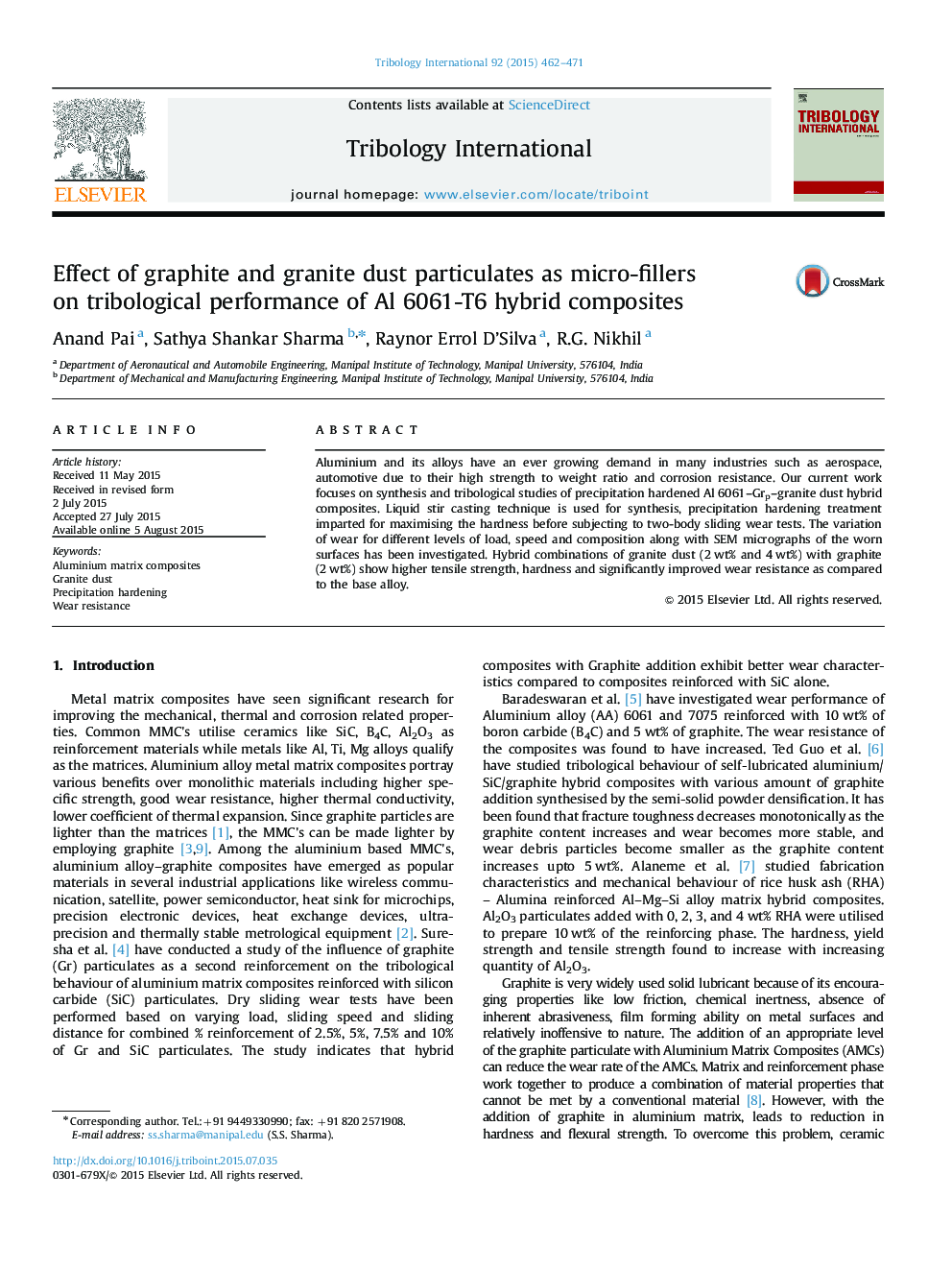 Effect of graphite and granite dust particulates as micro-fillers on tribological performance of Al 6061-T6 hybrid composites