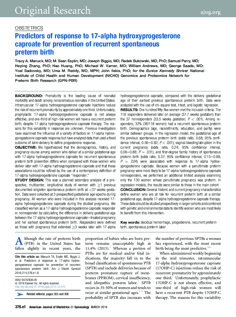 Predictors of response to 17-alpha hydroxyprogesterone caproateÂ forÂ prevention of recurrent spontaneous preterm birth