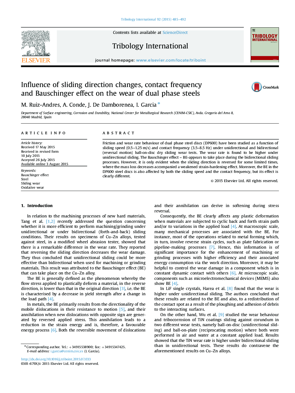 Influence of sliding direction changes, contact frequency and Bauschinger effect on the wear of dual phase steels