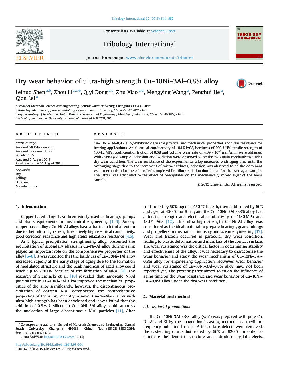 Dry wear behavior of ultra-high strength Cu-10Ni-3Al-0.8Si alloy