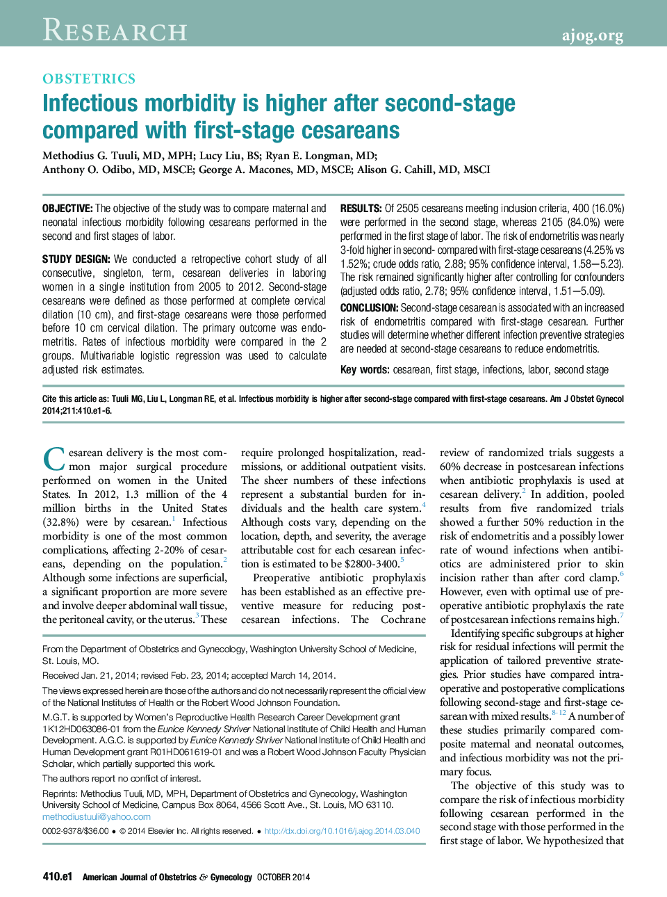 Infectious morbidity is higher after second-stage compared with first-stage cesareans