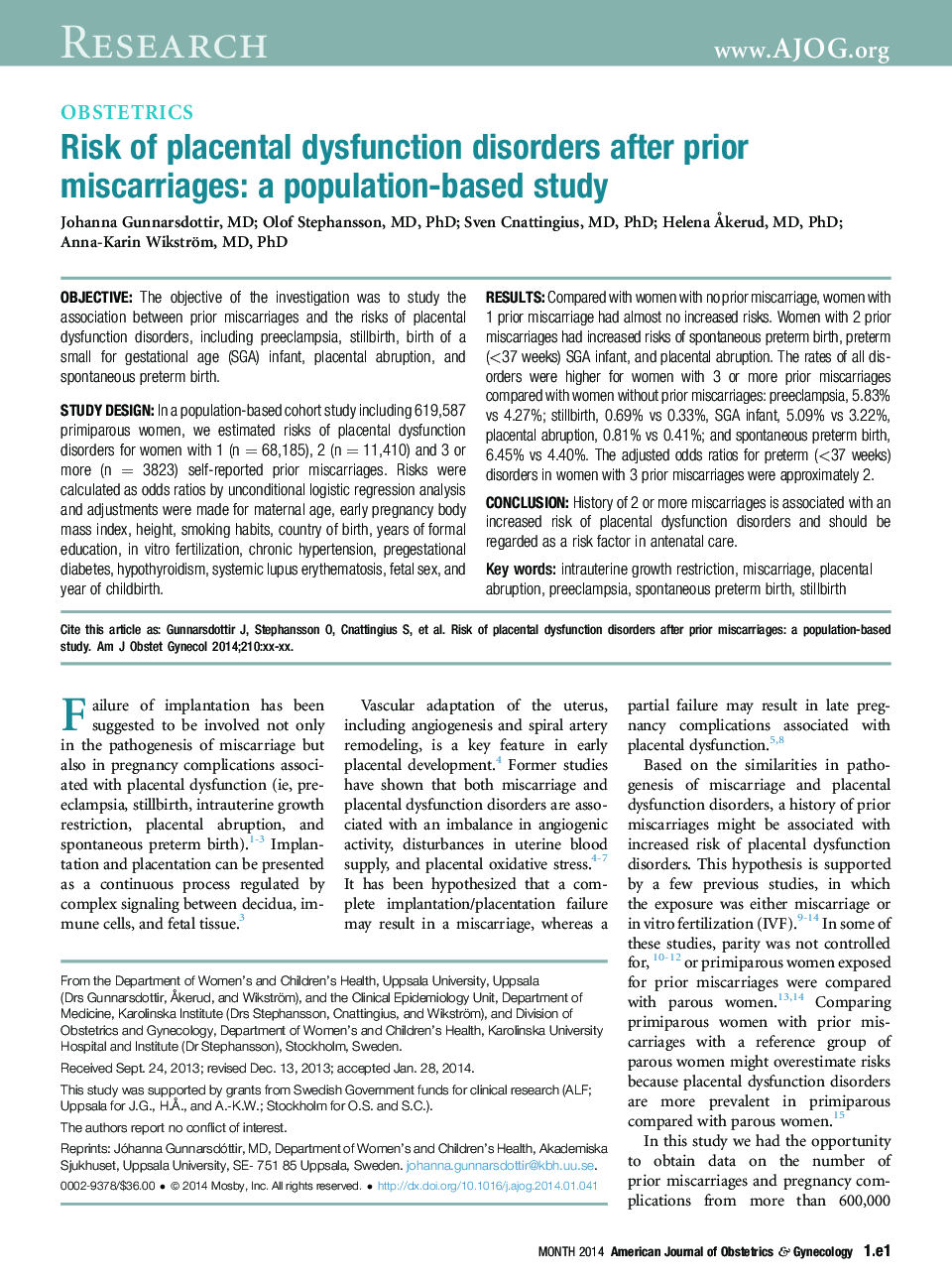 Risk of placental dysfunction disorders after prior miscarriages: a population-based study