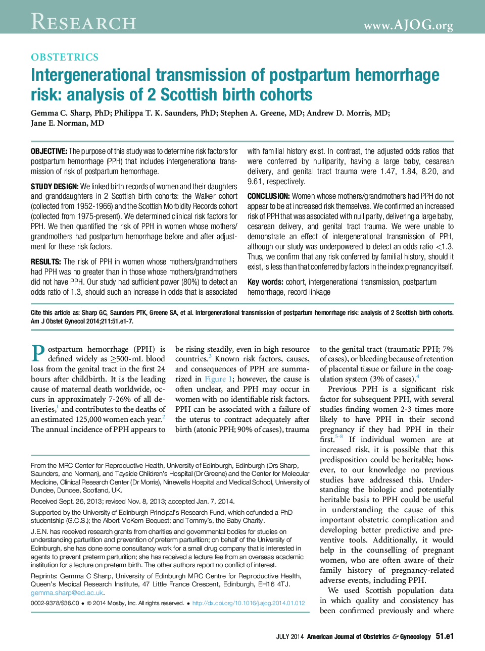 Intergenerational transmission of postpartum hemorrhage risk: analysis of 2 Scottish birth cohorts