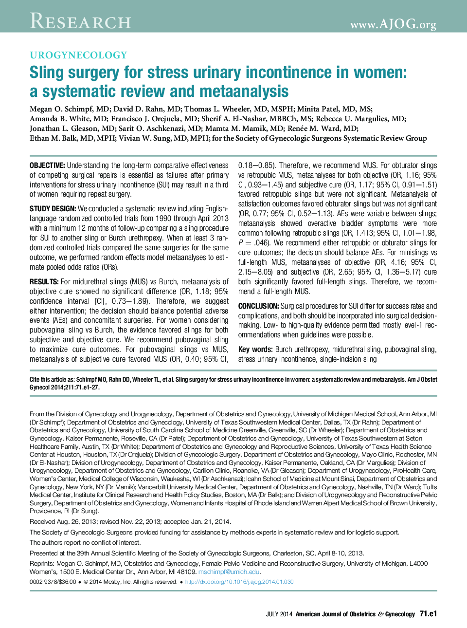 Sling surgery for stress urinary incontinence in women: a systematic review and metaanalysis