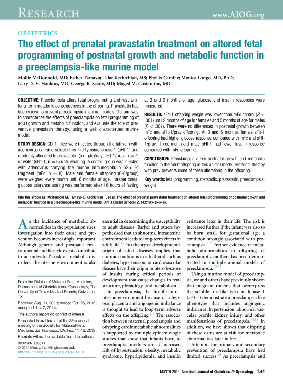 The effect of prenatal pravastatin treatment on altered fetal programming of postnatal growth and metabolic function in aÂ preeclampsia-like murine model