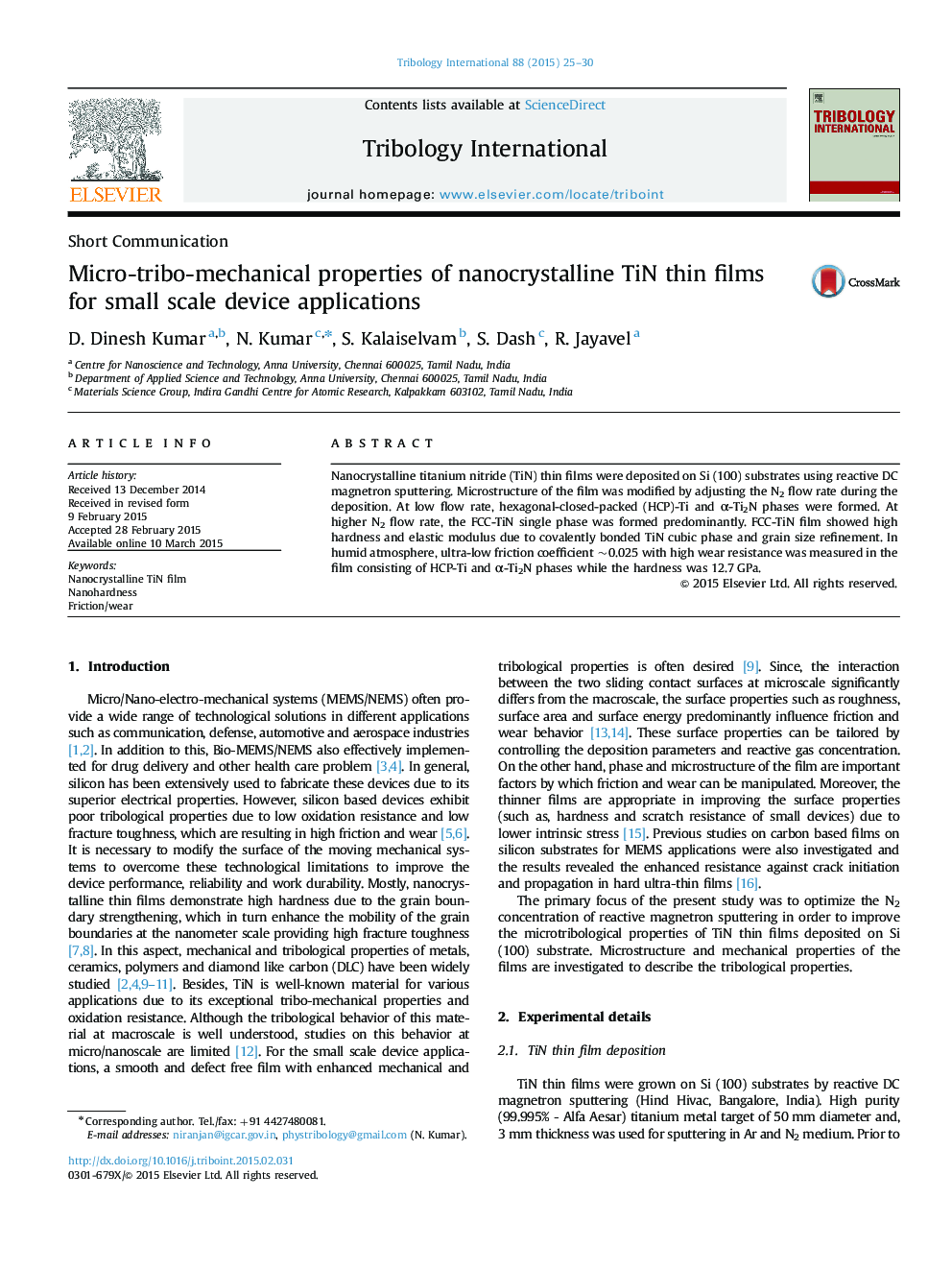 عکس صفحه اول مقاله: Micro-tribo-mechanical properties of nanocrystalline TiN thin films for small scale device applications Micro-tribo-mechanical properties of nanocrystalline TiN thin films for small scale device applications
