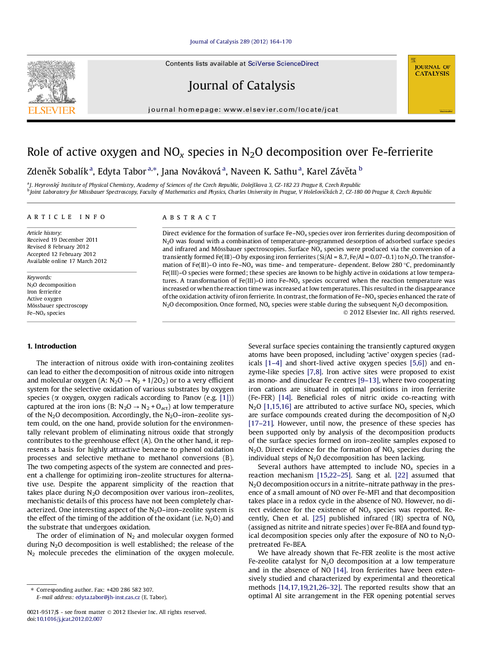 Role of active oxygen and NOx species in N2O decomposition over Fe-ferrierite