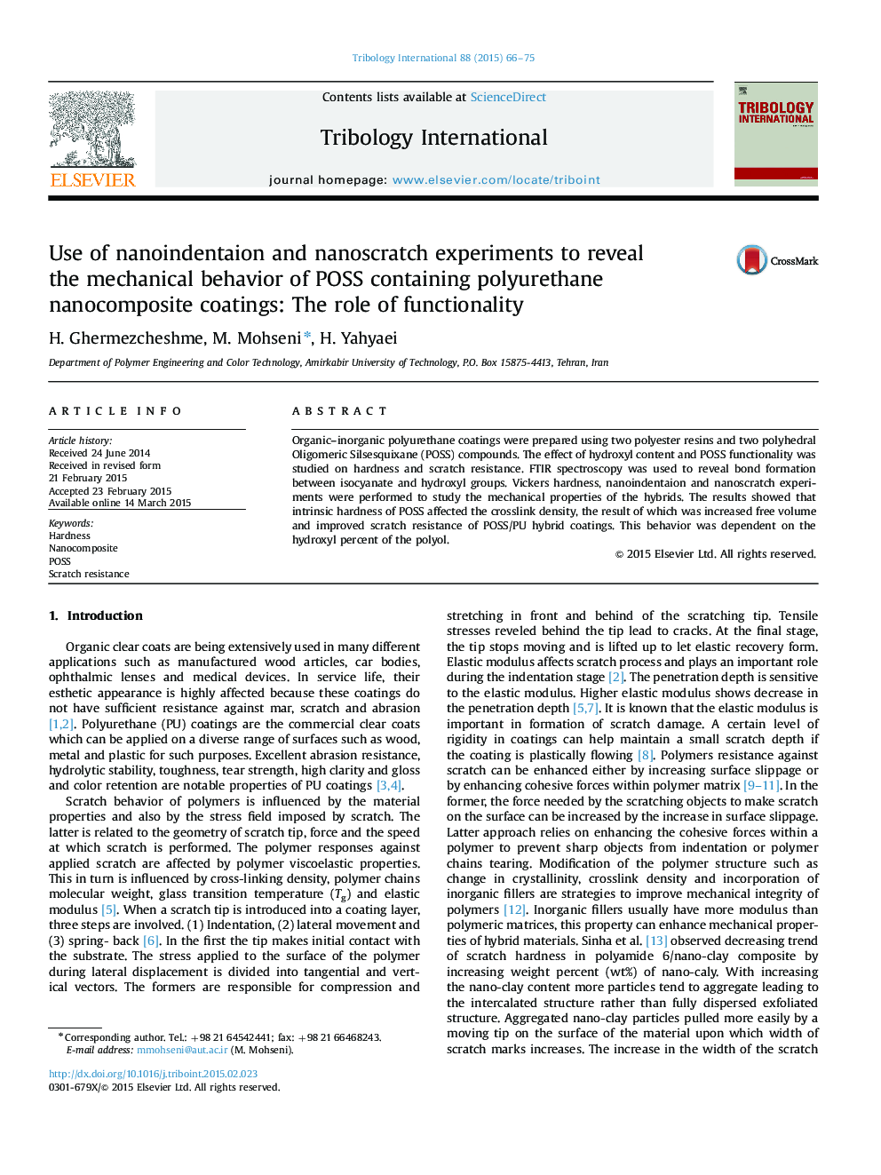 Use of nanoindentaion and nanoscratch experiments to reveal the mechanical behavior of POSS containing polyurethane nanocomposite coatings: The role of functionality