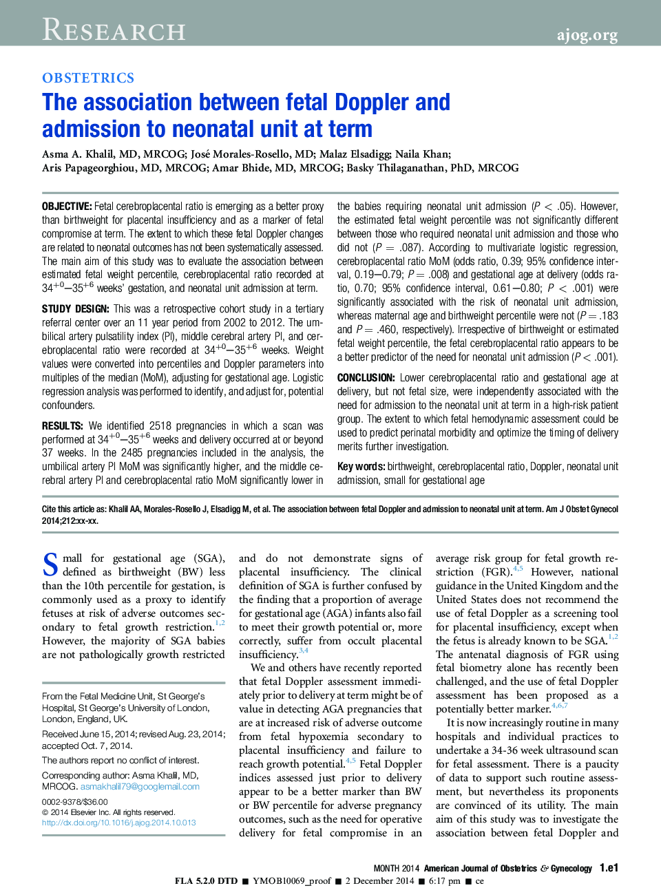 The association between fetal Doppler and admission to neonatal unit at term