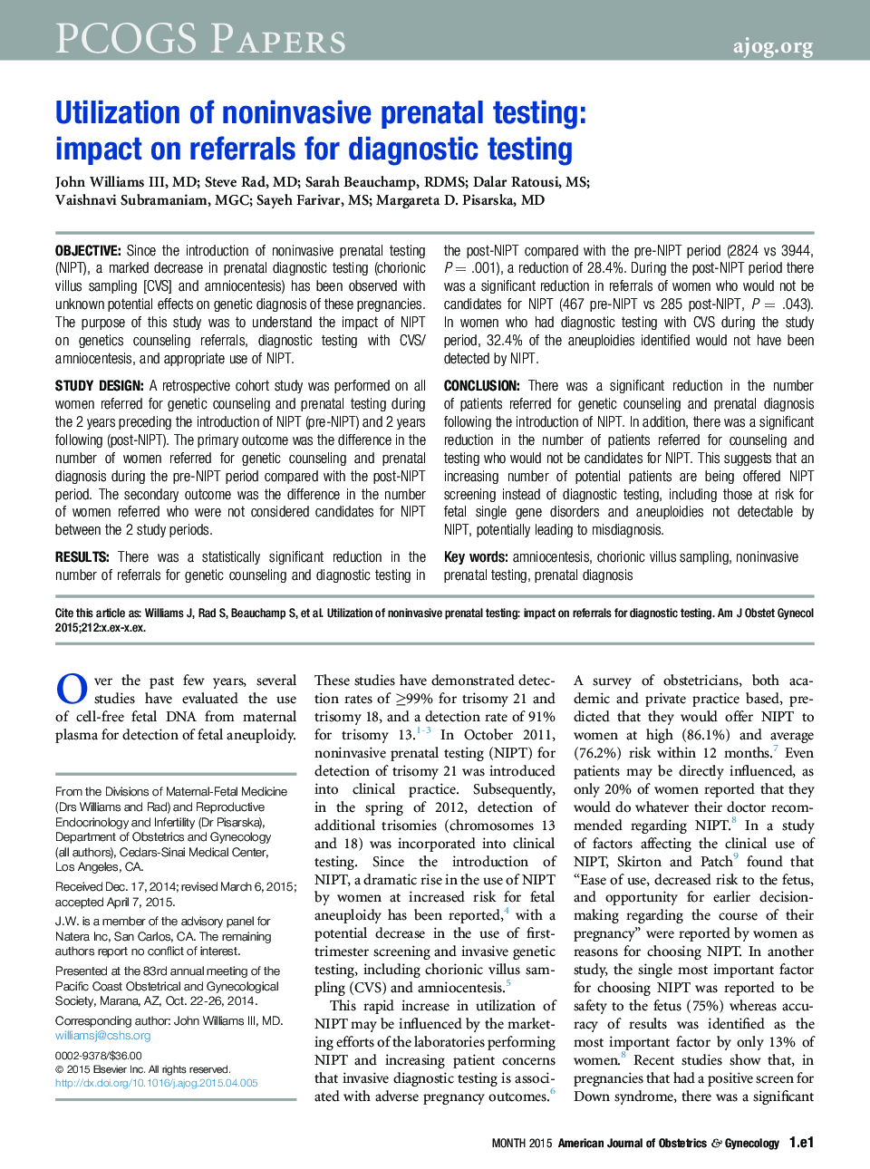 Utilization of noninvasive prenatal testing: impact on referrals for diagnostic testing