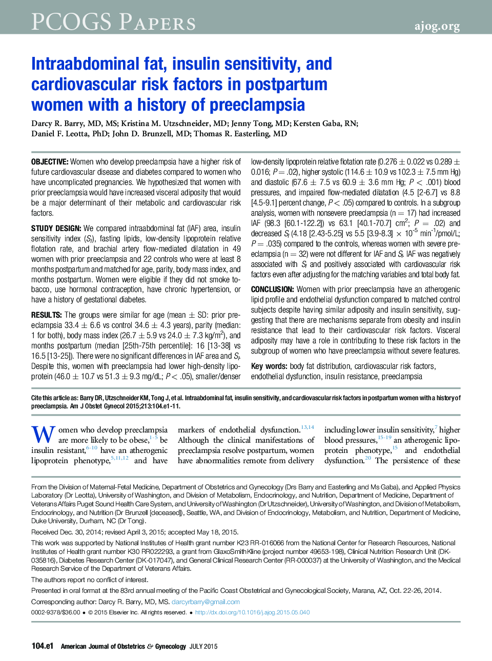 Intraabdominal fat, insulin sensitivity, and cardiovascular risk factors in postpartum women with a history of preeclampsia