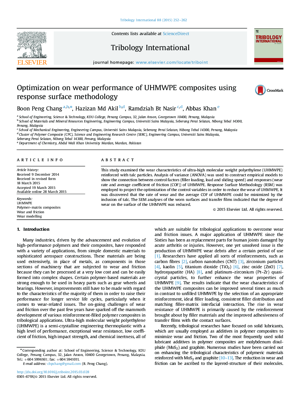 Optimization on wear performance of UHMWPE composites using response surface methodology