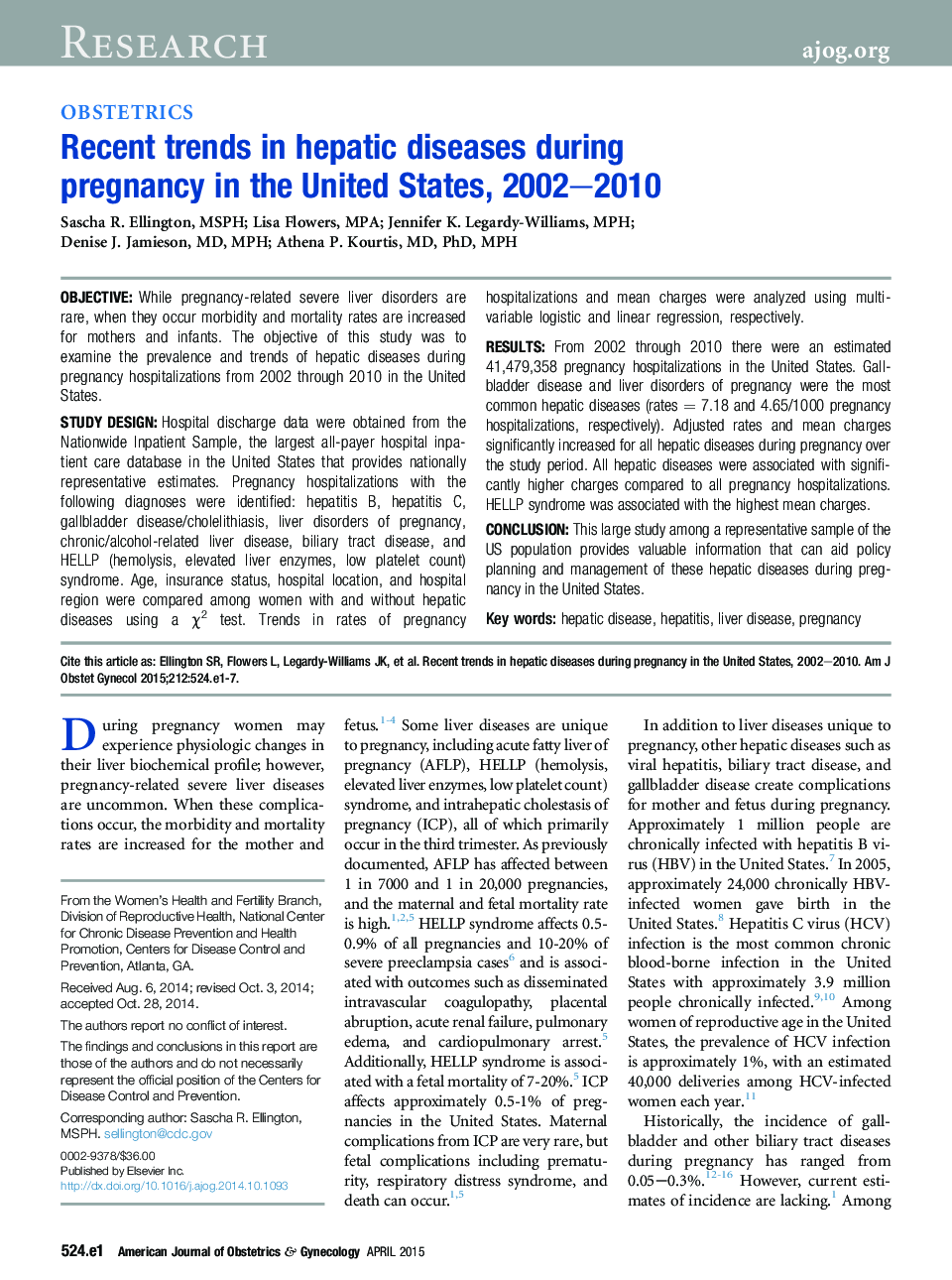 Recent trends in hepatic diseases during pregnancy in the United States, 2002-2010