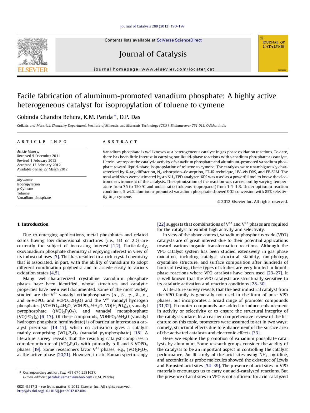 Facile fabrication of aluminum-promoted vanadium phosphate: A highly active heterogeneous catalyst for isopropylation of toluene to cymene