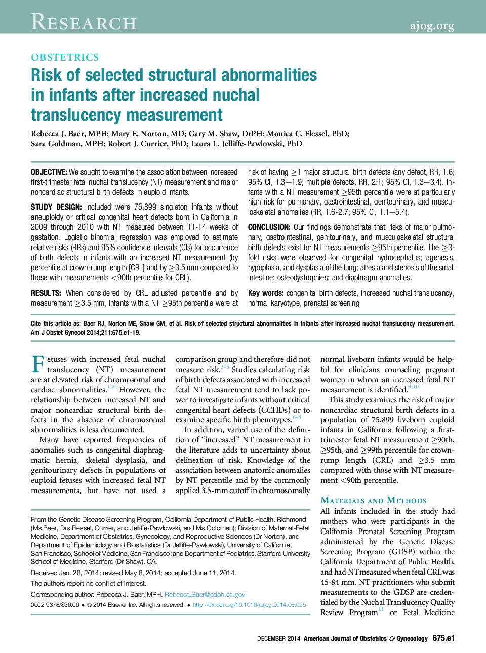 Risk of selected structural abnormalities in infants after increased nuchal translucency measurement