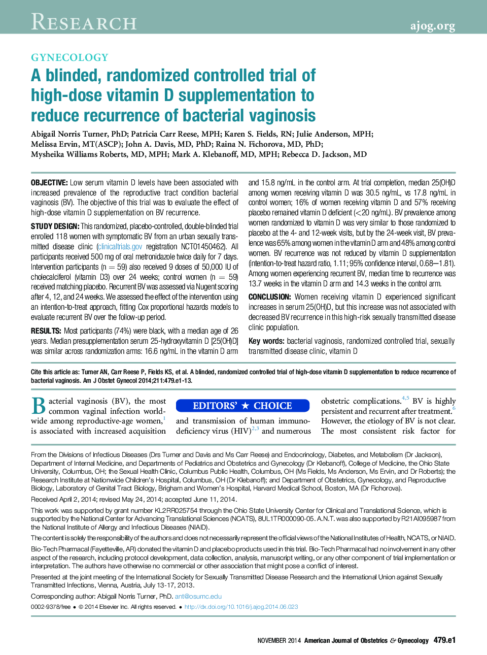 A blinded, randomized controlled trial of high-dose vitamin D supplementation to reduce recurrence of bacterial vaginosis