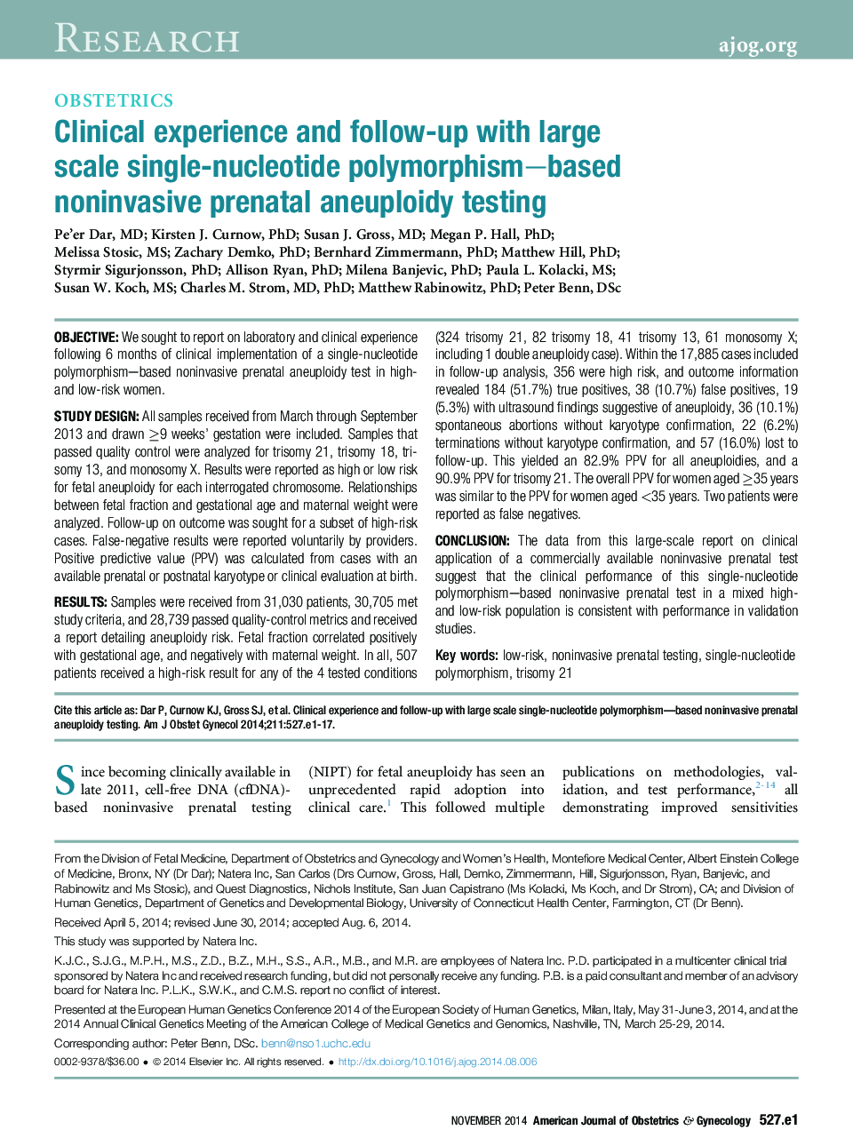 Clinical experience and follow-up with large scale single-nucleotide polymorphism-based noninvasive prenatal aneuploidy testing