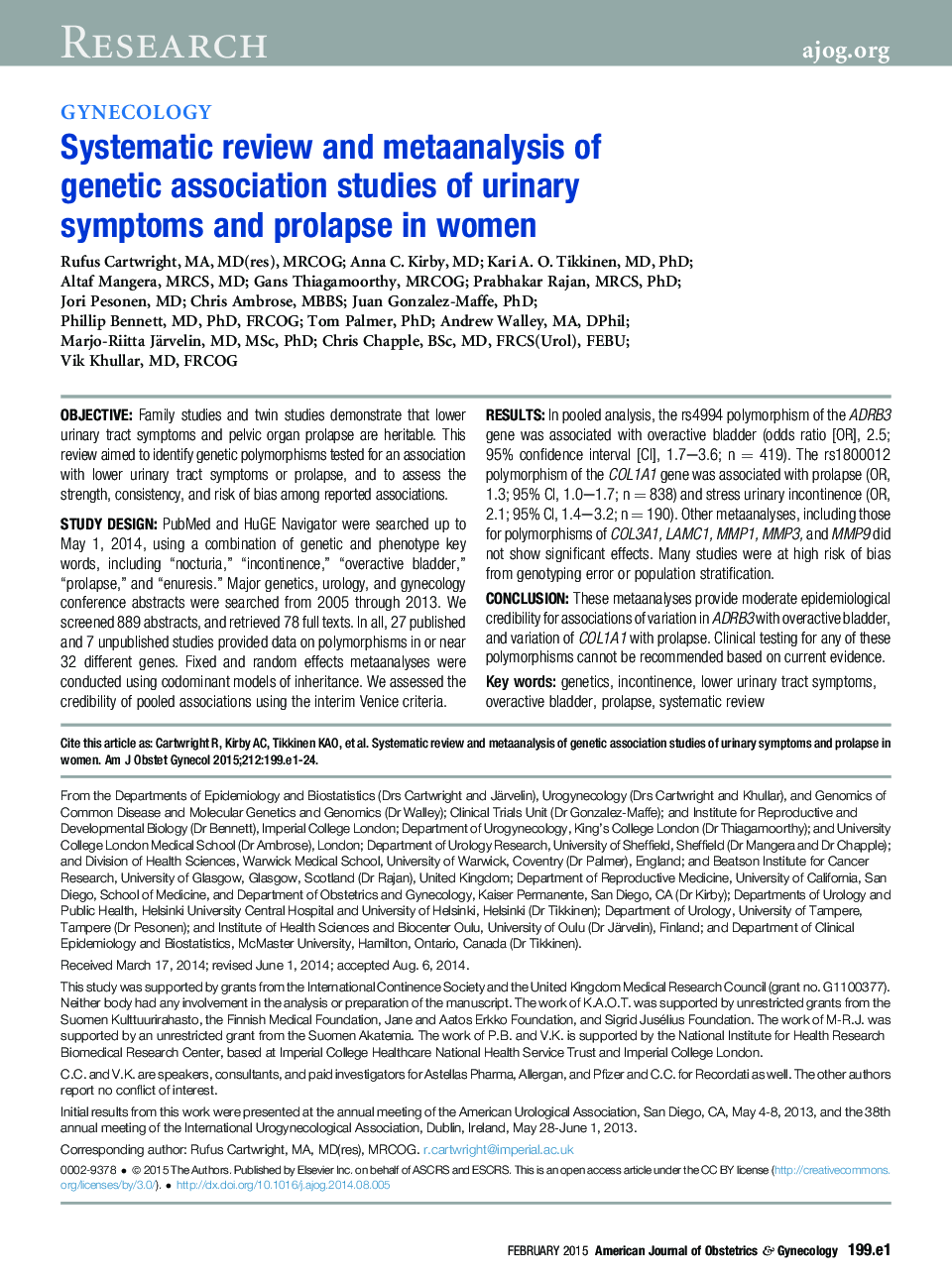 Systematic review and metaanalysis of genetic association studies of urinary symptoms and prolapse in women