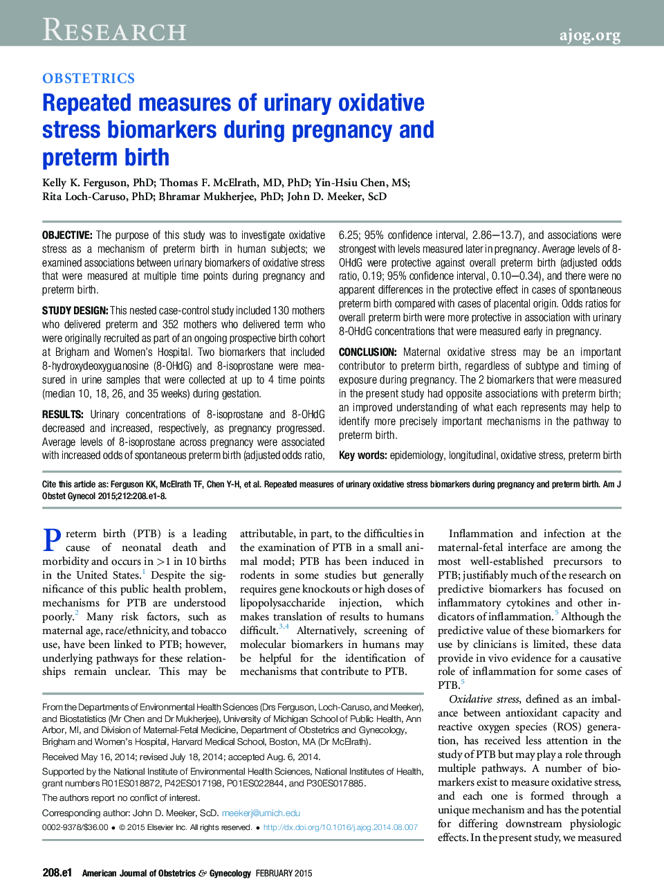 Repeated measures of urinary oxidative stress biomarkers during pregnancy and preterm birth