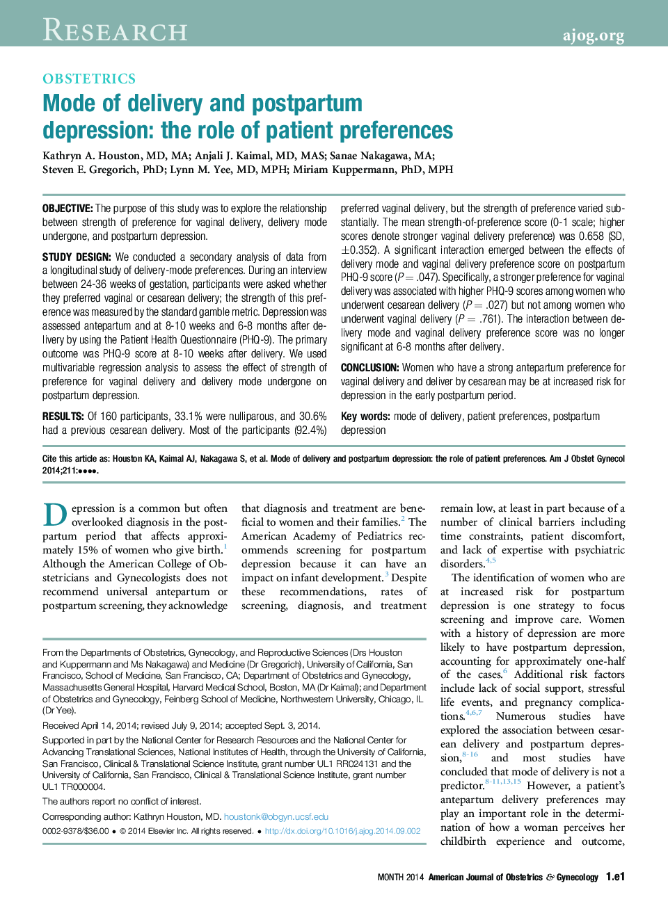 Mode of delivery and postpartum depression: the role of patient preferences
