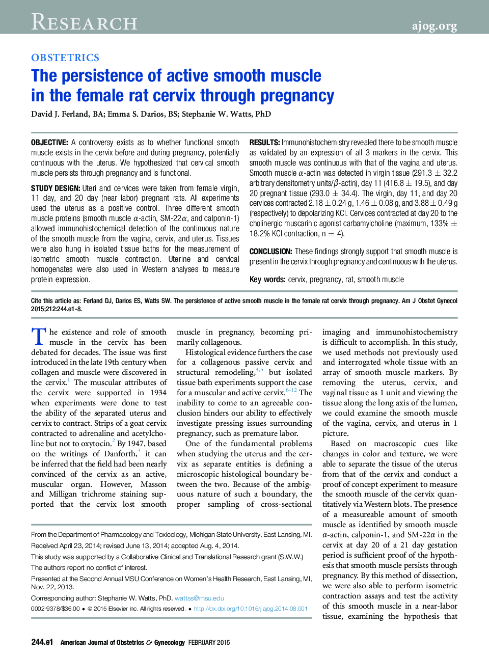 The persistence of active smooth muscle in the female rat cervix through pregnancy