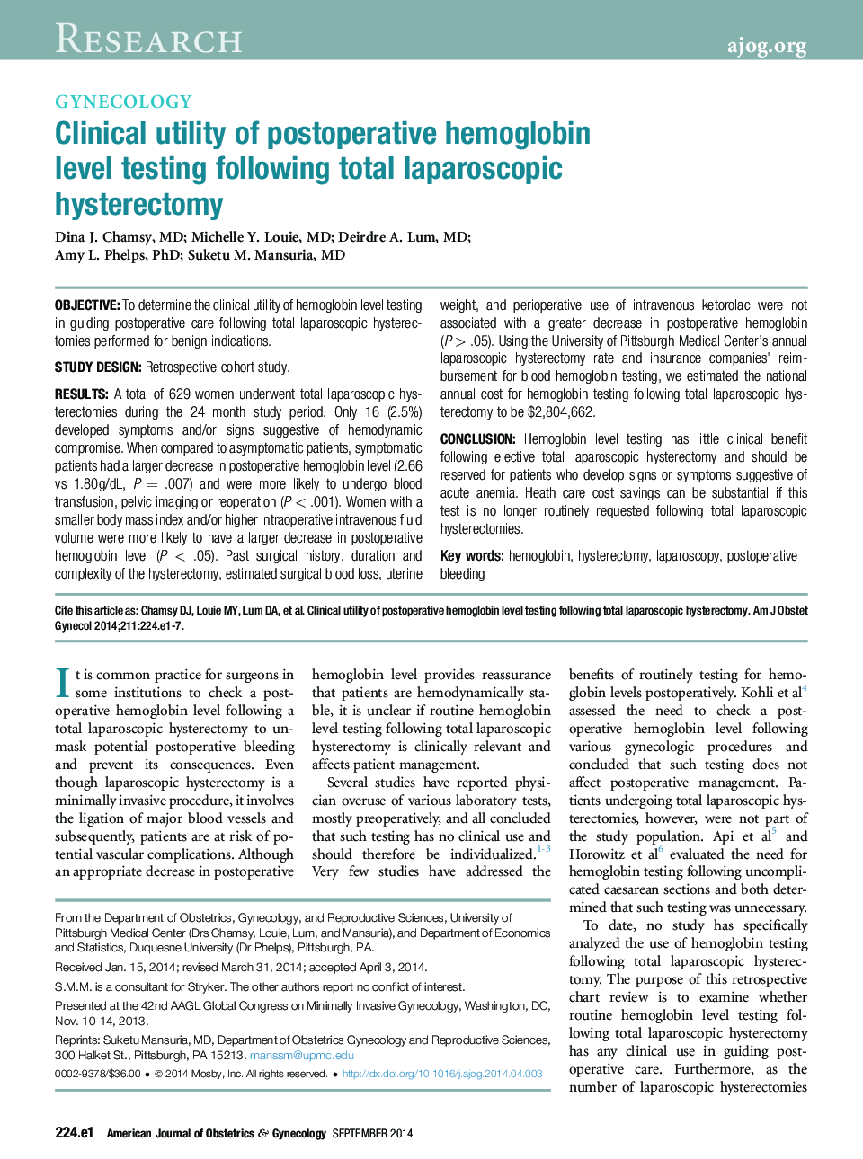Clinical utility of postoperative hemoglobin level testing following total laparoscopic hysterectomy