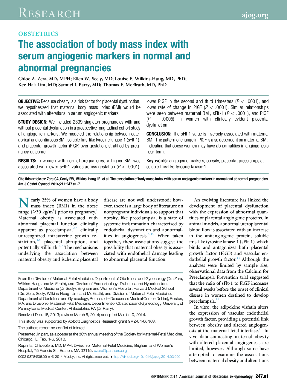 The association of body mass index with serum angiogenic markers in normal and abnormal pregnancies