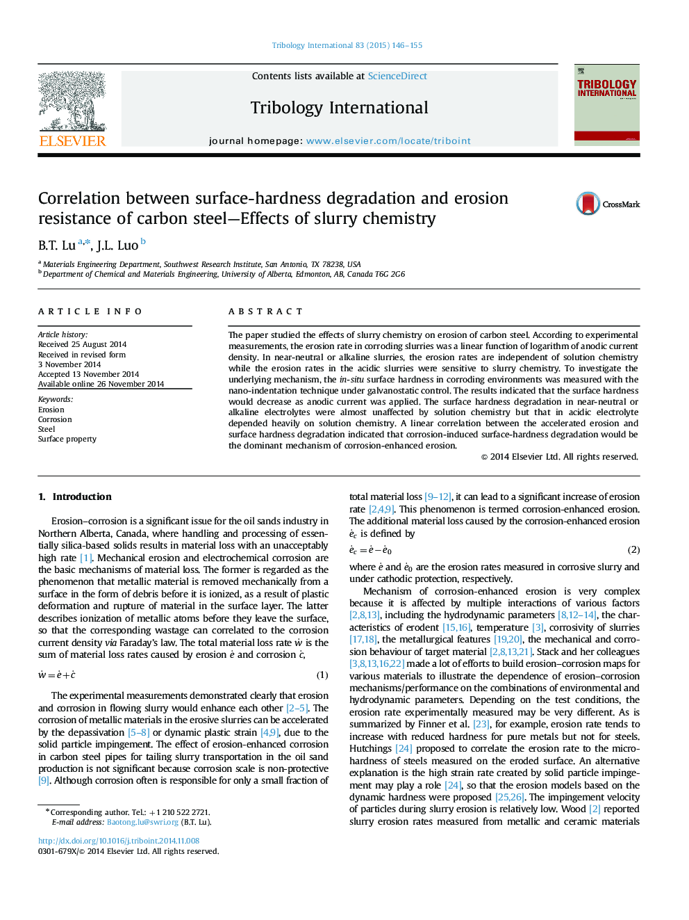 Correlation between surface-hardness degradation and erosion resistance of carbon steel—Effects of slurry chemistry