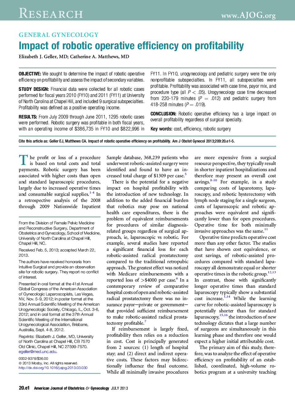 Impact of robotic operative efficiency on profitability