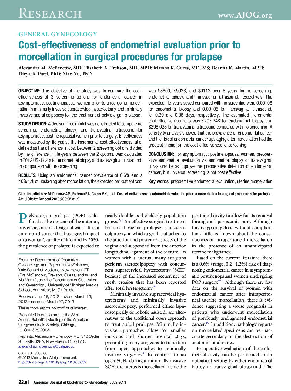 Cost-effectiveness of endometrial evaluation prior to morcellation in surgical procedures for prolapse