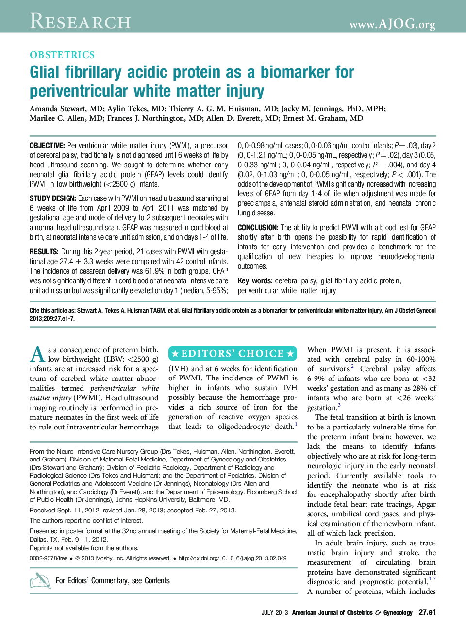 Glial fibrillary acidic protein as a biomarker for periventricular white matter injury