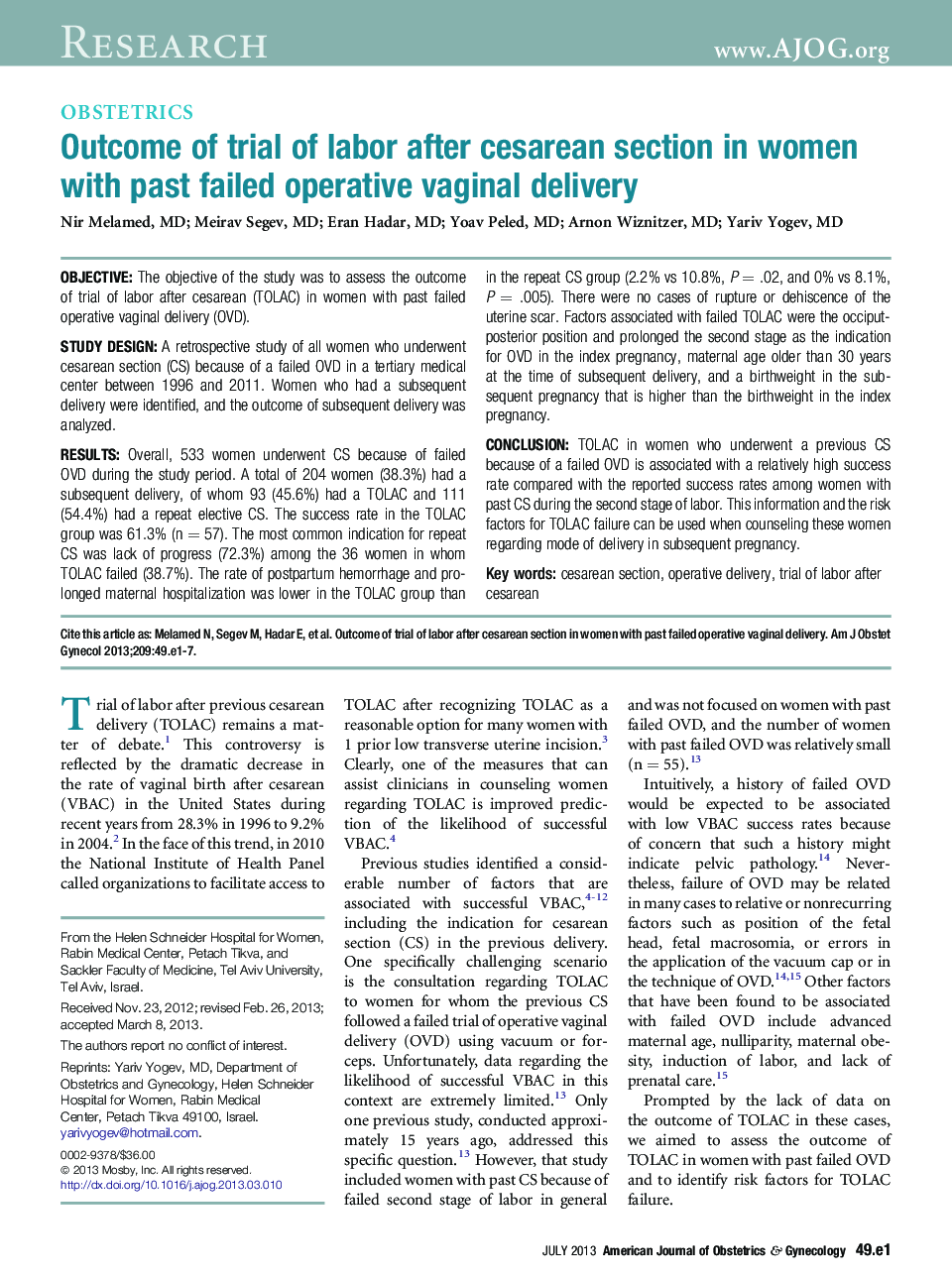 Outcome of trial of labor after cesarean section in women with past failed operative vaginal delivery