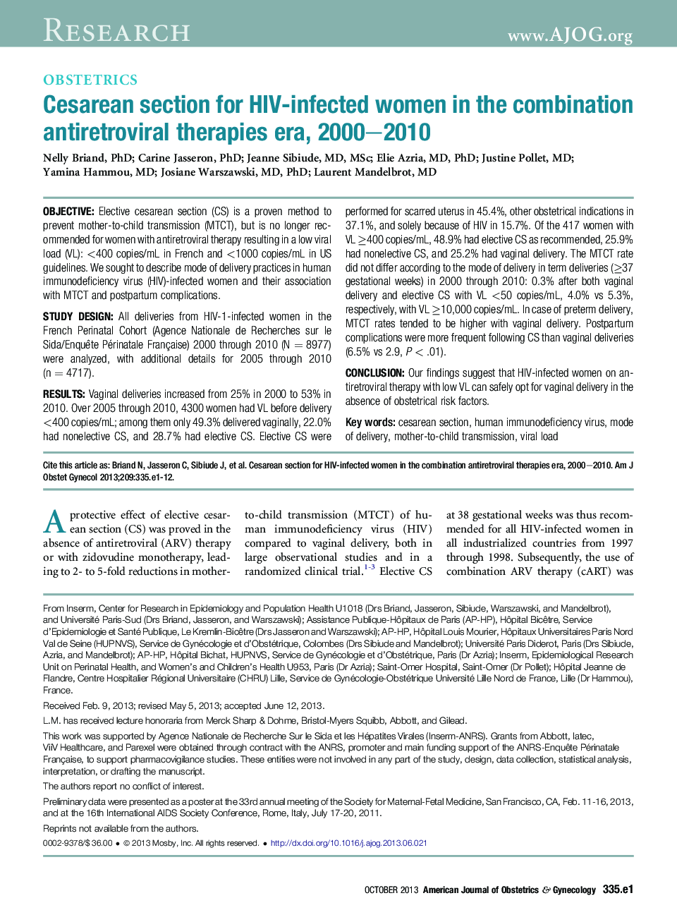 Cesarean section for HIV-infected women in the combination antiretroviral therapies era, 2000-2010