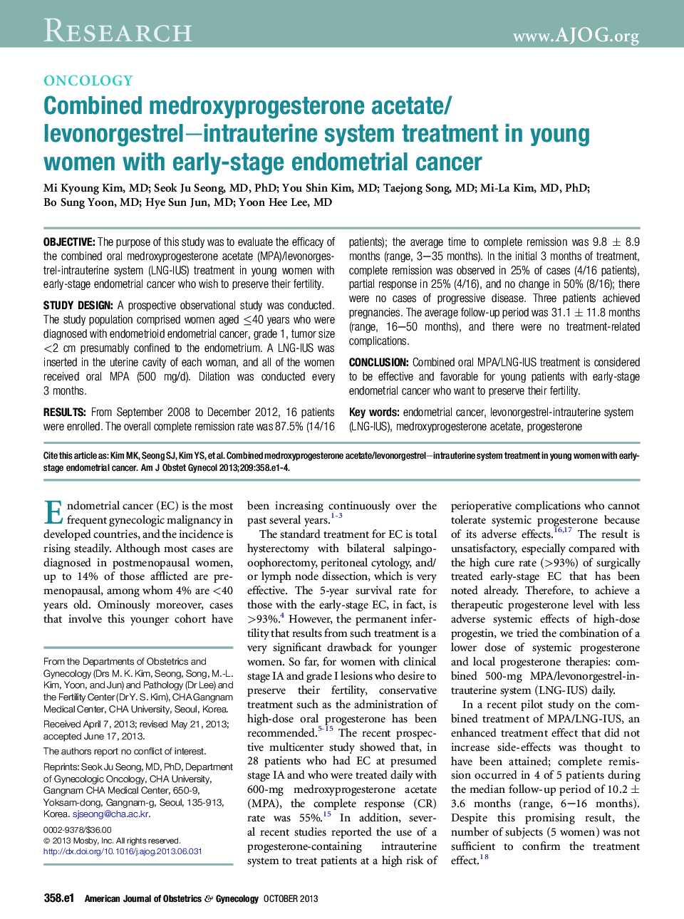 Combined medroxyprogesterone acetate/levonorgestrel-intrauterine system treatment in young women with early-stage endometrial cancer