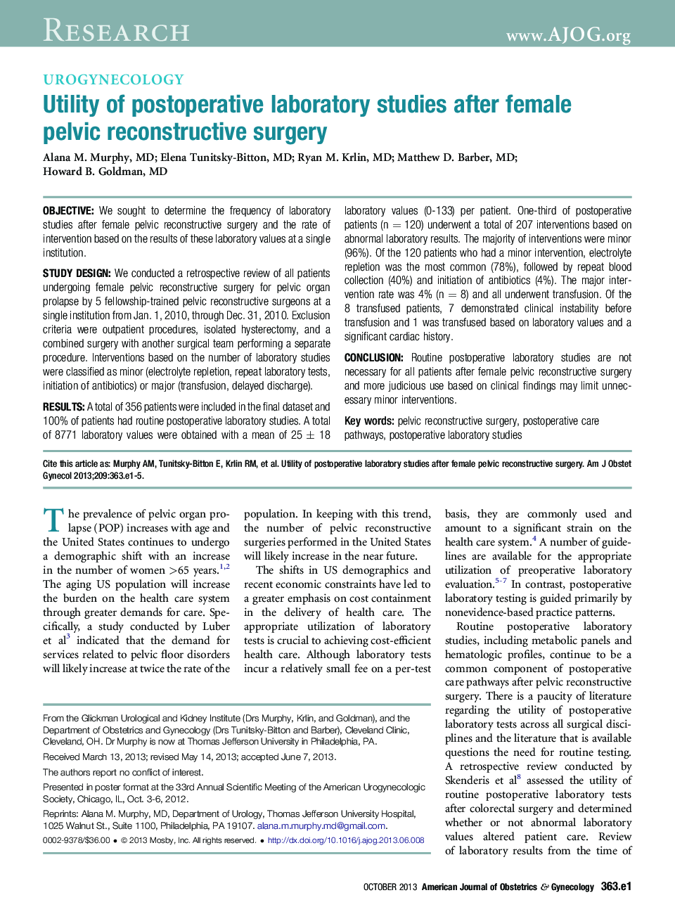 Utility of postoperative laboratory studies after female pelvicÂ reconstructive surgery