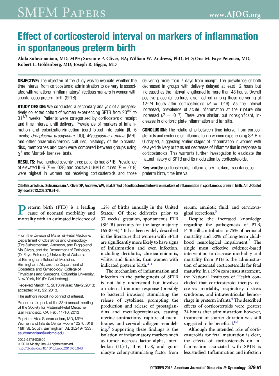 Effect of corticosteroid interval on markers of inflammation inÂ spontaneous preterm birth