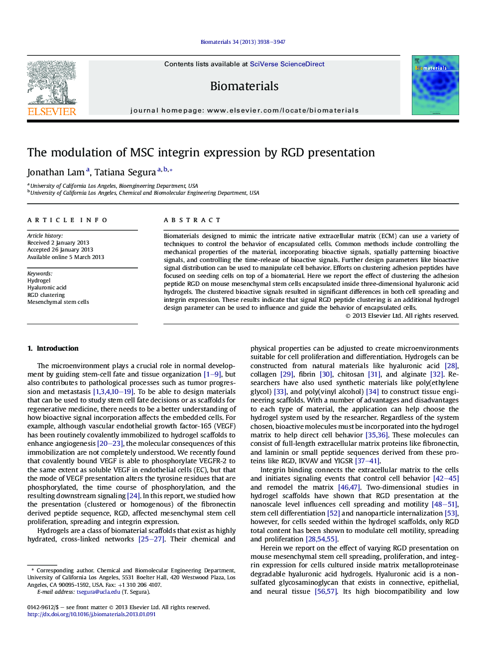 The modulation of MSC integrin expression by RGD presentation