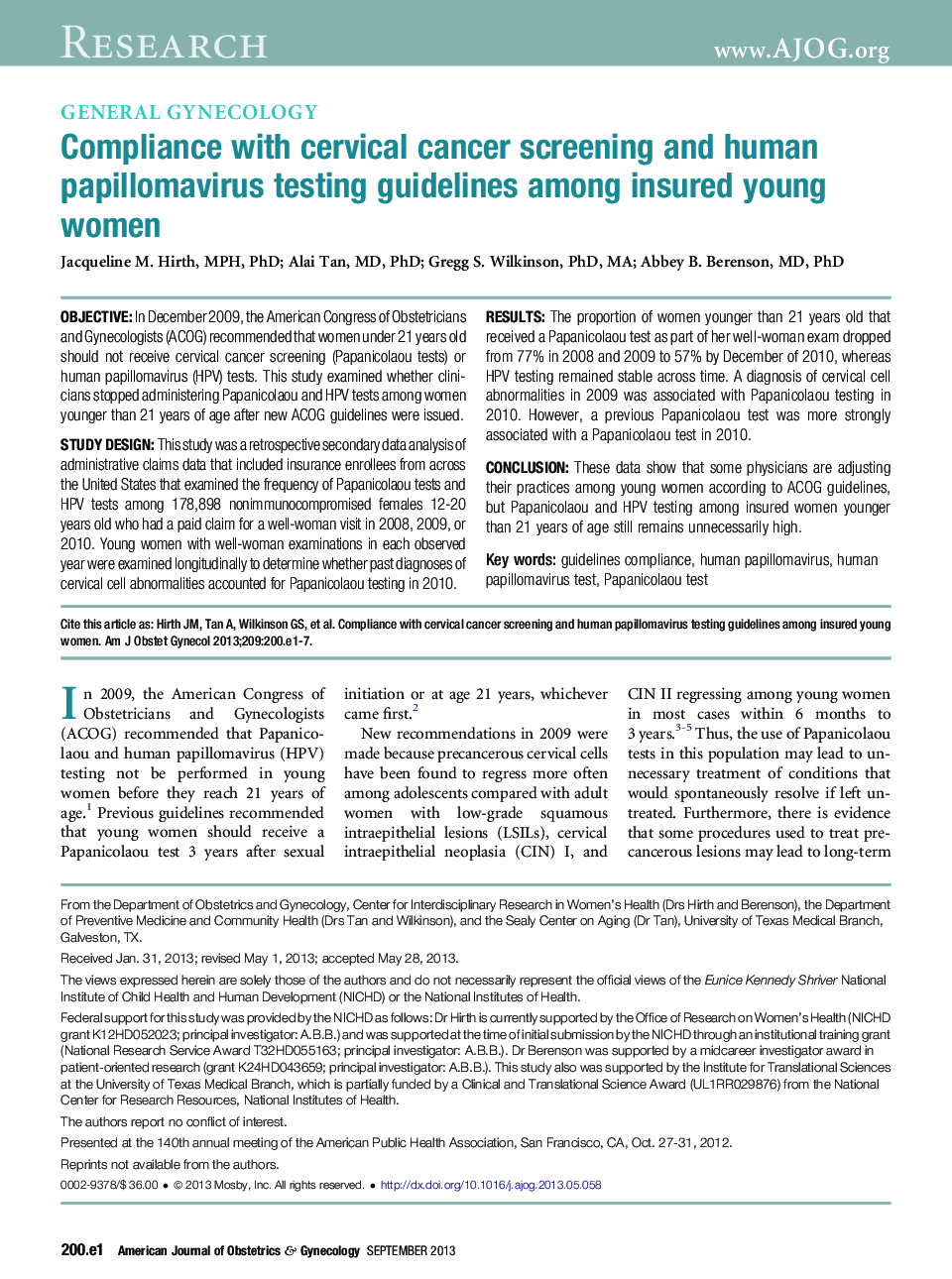 Compliance with cervical cancer screening and human papillomavirus testing guidelines among insured young women