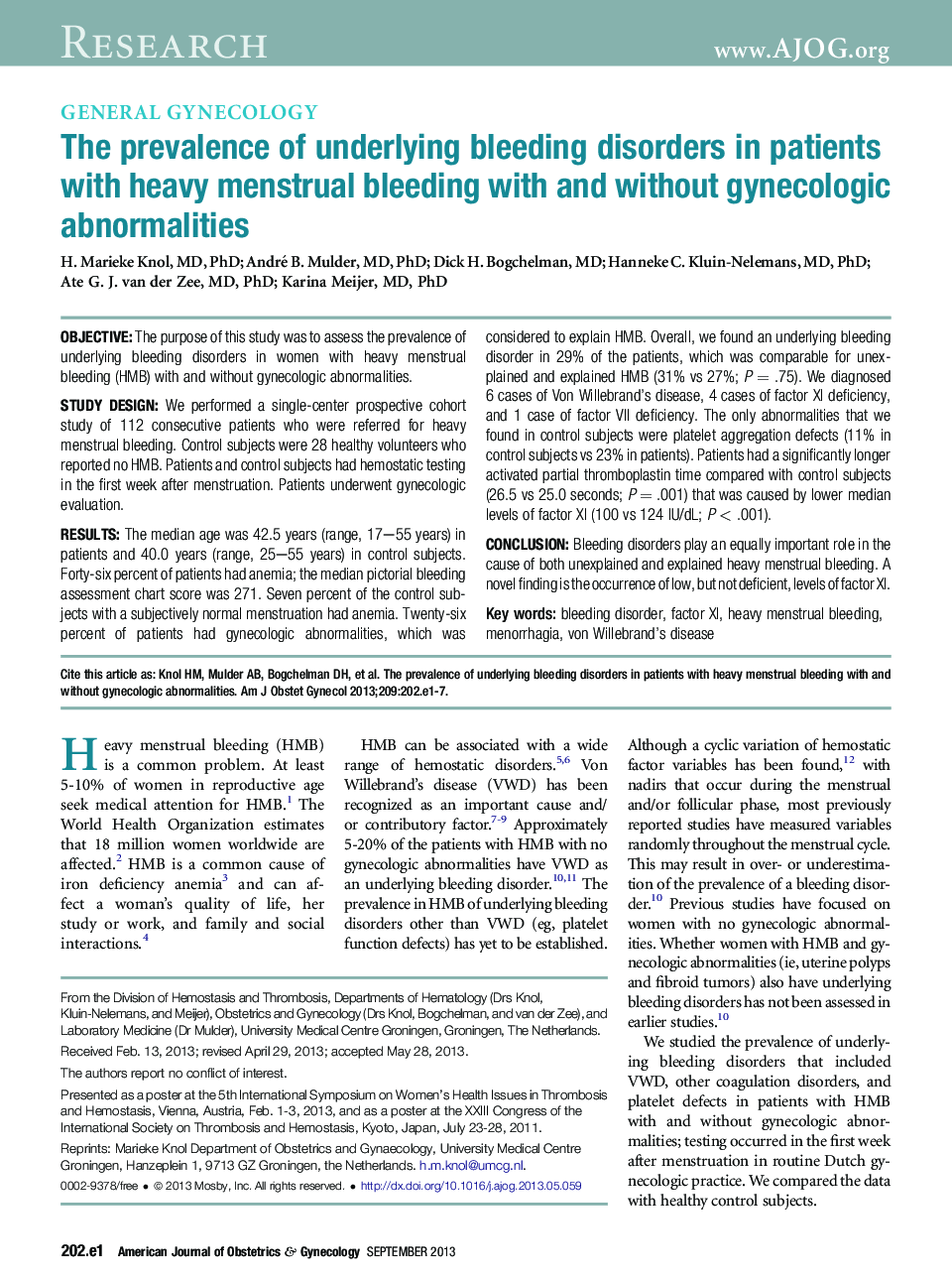 The prevalence of underlying bleeding disorders in patients with heavy menstrual bleeding with and without gynecologic abnormalities