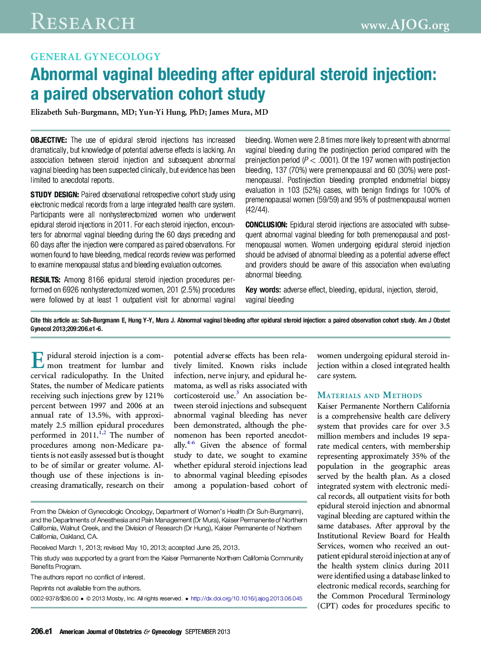 Abnormal vaginal bleeding after epidural steroid injection: aÂ paired observation cohort study
