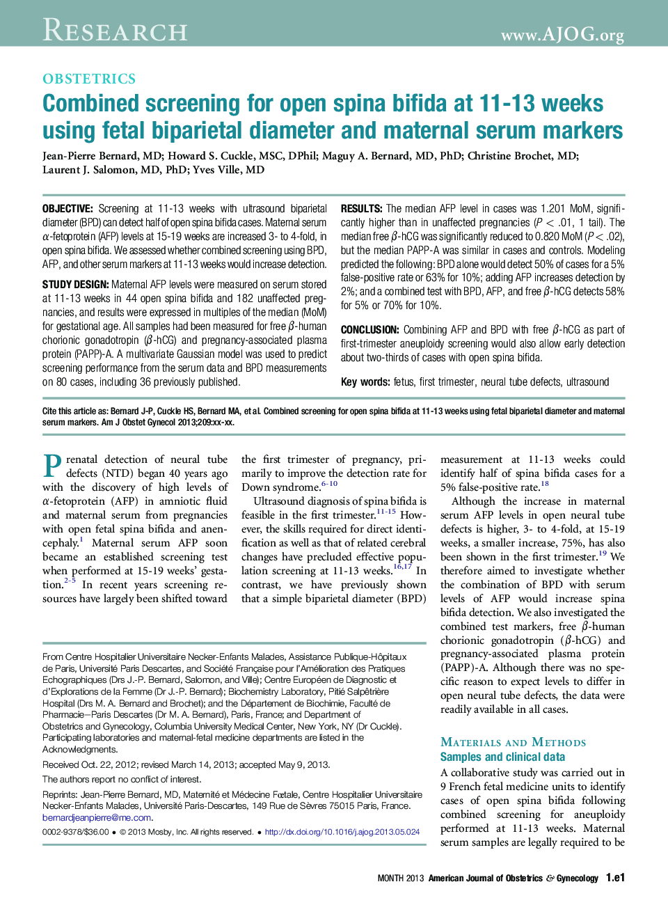 Combined screening for open spina bifida at 11-13 weeks using fetal biparietal diameter and maternal serum markers