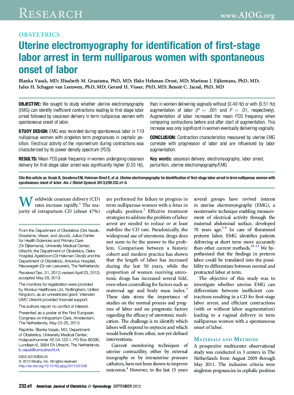 Uterine electromyography for identification of first-stage labor arrest in term nulliparous women with spontaneous onset of labor