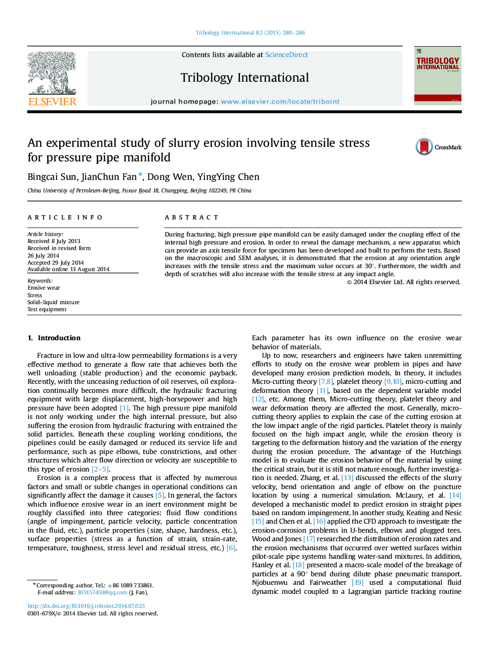 An experimental study of slurry erosion involving tensile stress for pressure pipe manifold