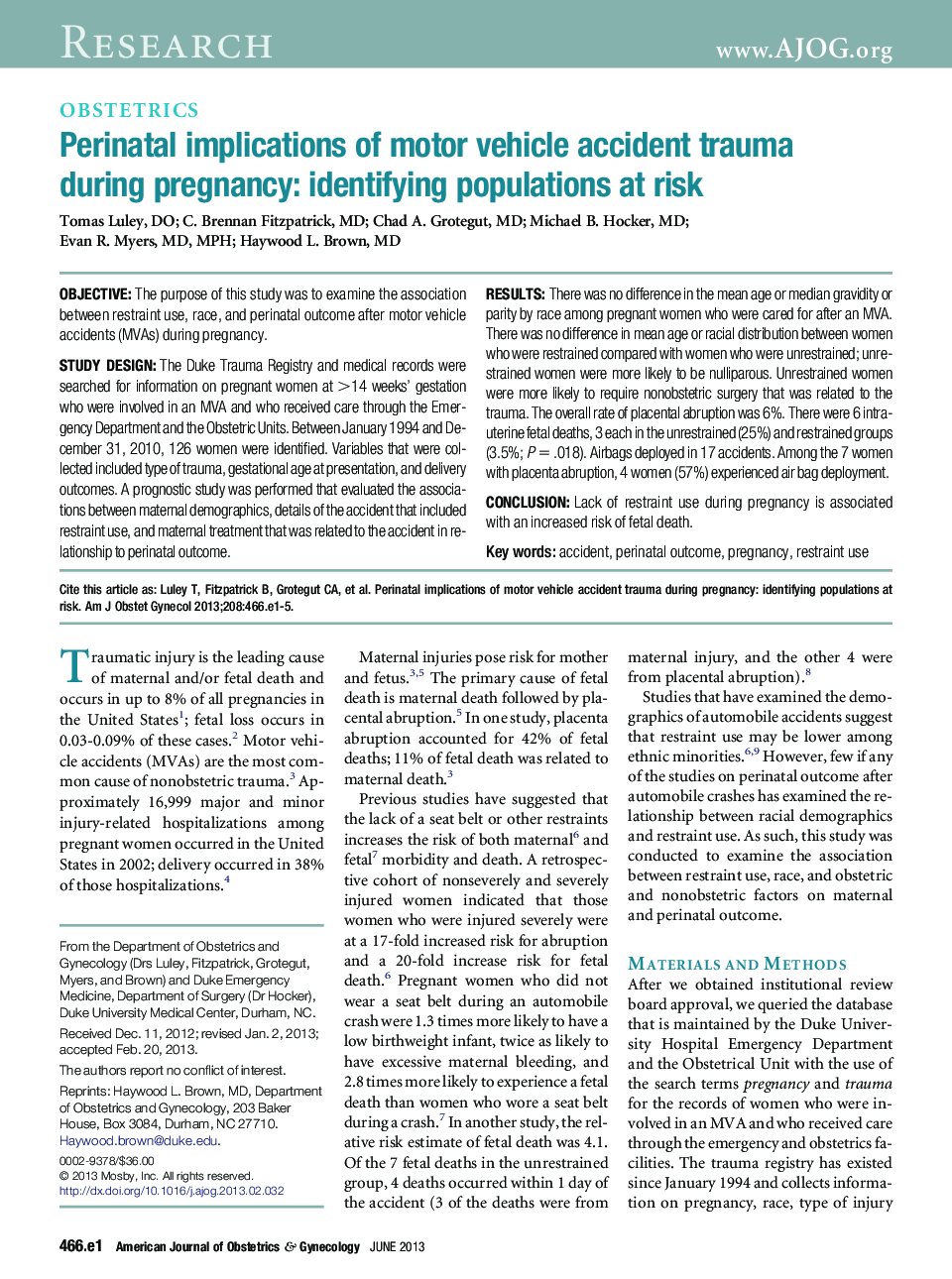 Perinatal implications of motor vehicle accident trauma during pregnancy: identifying populations at risk