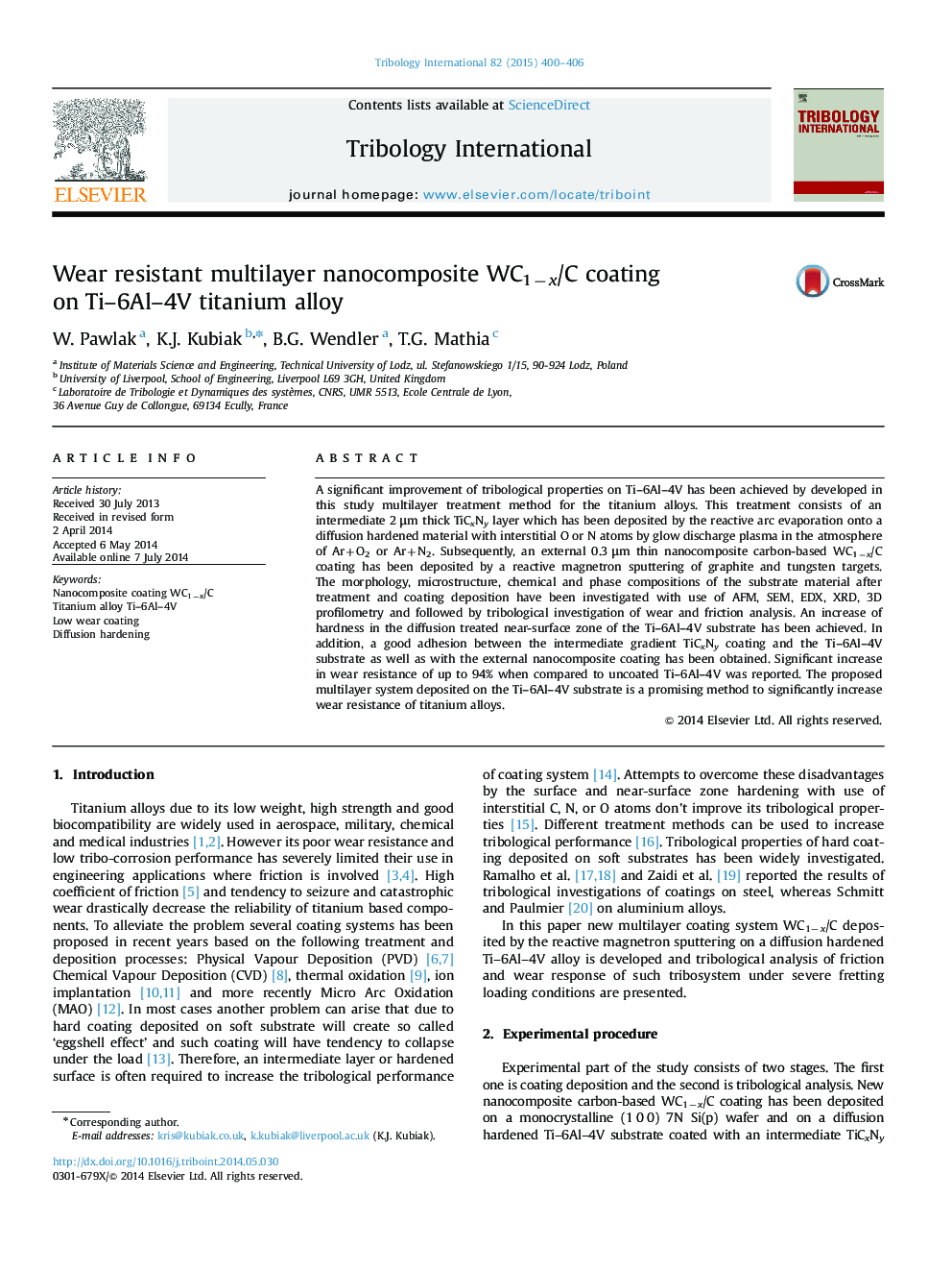 Wear resistant multilayer nanocomposite WC1−x/C coating on Ti–6Al–4V titanium alloy