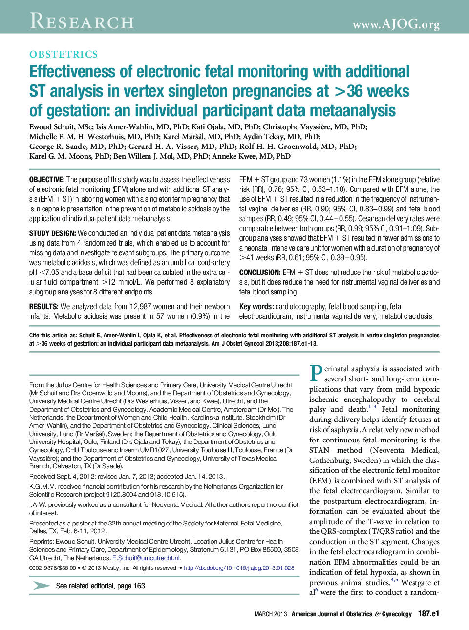 Effectiveness of electronic fetal monitoring with additional ST analysis in vertex singleton pregnancies at >36 weeks of gestation: an individual participant data metaanalysis