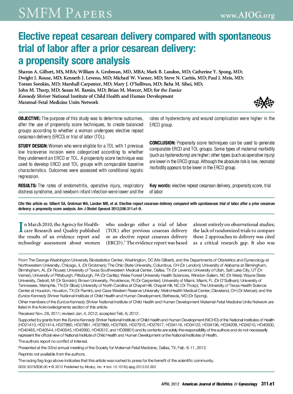 Elective repeat cesarean delivery compared with spontaneous trial of labor after a prior cesarean delivery: a propensity score analysis