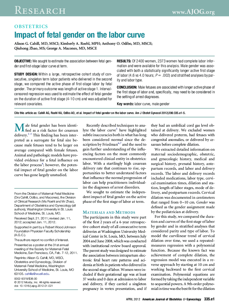 Impact of fetal gender on the labor curve